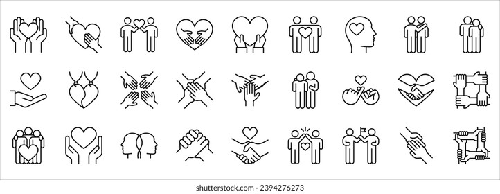 Iconos de la línea de amistad y amor. cuidado y concepto de caridad conjunto de iconos de contorno de trazo editable, ilustración vectorial en fondo blanco