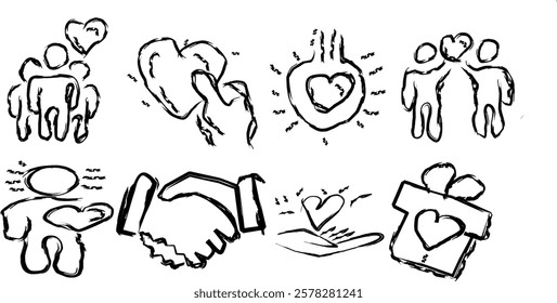 Friendship and love line icons set in doddle style. hand drawn friendship icon