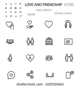 Friendship and Love simple line icons set vector illustration. Relationship, Mutual Understanding, Mutual Assistance, Interaction. Editable Stroke. 48x48 Pixel Perfect.
