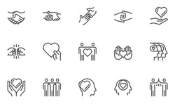 Friendship And Love Vector Line Icons Set. Relationship, Mutual Understanding, Mutual Assistance, Interaction. Editable Stroke. 48x48 Pixel Perfect.
