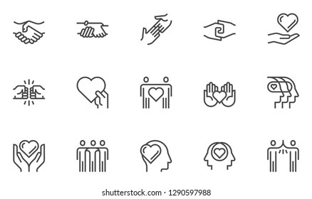 Conjunto de iconos de la línea de vectores de amistad y amor. Relación, Comprensión Mutua, Asistencia Mutua, Interacción. Trazo editable. 48x48 Pixel Perfecto.