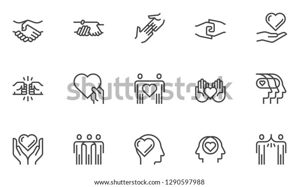 Friendship and Love Vector Line Icons Set.\
Relationship, Mutual Understanding, Mutual Assistance, Interaction.\
Editable Stroke. 48x48 Pixel\
Perfect.
