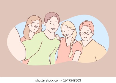 Friendship, making photo concept. Group of young happy friends bloggers, men and women make photo or take picture on smartphone together. Boys and girls students are posing on camera. Simple vector