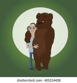 Friendship with a man of a bear. Friendship. Peace. Vector illustration.