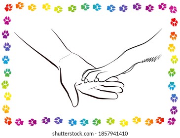 Friendship of man and dog, symbolized by a rainbow colored dogs footprints frame with a give paws pictogram. Isolated vector illustration on white background.
