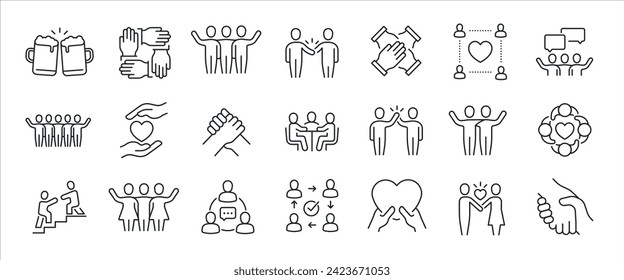 Friendship minimal thin line icons. Related friends, team, care, togetherness. Vector illustration.