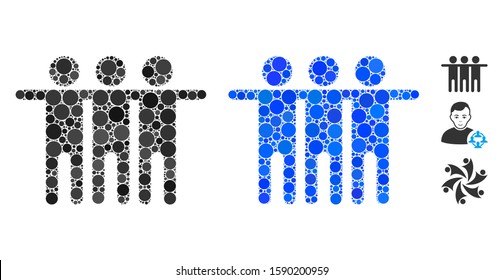 Friendship mosaic of round dots in variable sizes and color tinges, based on friendship icon. Vector round elements are organized into blue mosaic. Dotted friendship icon in usual and blue versions.