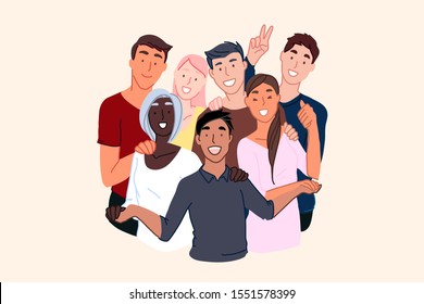 Friendship of nationalities, cosmopolite society, international community concept. Smiling young people, male and female different nations representatives, multinational unity. Simple flat vector