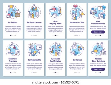 Friendship onboarding mobile app page screen with concepts set. Best friends relationship, support walkthrough 5 steps graphic instructions. UI vector template with RGB color illustrations
