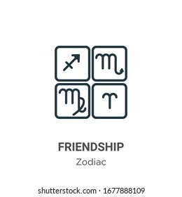 Friendship outline vector icon. Thin line black friendship icon, flat vector simple element illustration from editable zodiac concept isolated stroke on white background