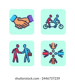 Friendship, partnership, communication line icon set. Handshake, businessmen shaking hands, tandem bicycle, people looking down and conferring. Relationships, connections concept. Vector illustrations