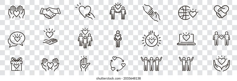 Friendship partnership handshake and love line icons. 