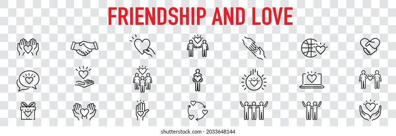 Friendship partnership handshake and love line icons. 