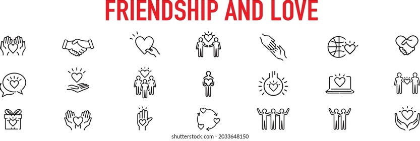 Friendship partnership handshake and love line icons. 