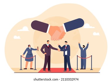 Friendship and peace between two embassy representatives. Politicians at international meeting, crisis or economy discussion flat vector illustration. Diplomacy, democracy, politics concept for banner