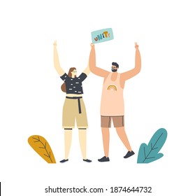 Friendship, Peace, Love Relation, Togetherness Concept. Happy Loving or Friends Couple Waving Hands. Man and Woman Characters Spend Time Together Unity and Rejoice. Linear People Vector Illustration