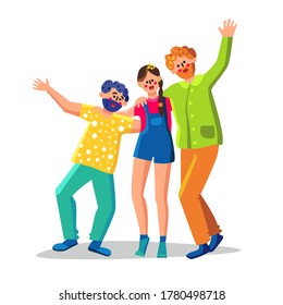 Friendship Of People Group Man And Woman Vector. Friendship Of Team Smiling Young Boy And Girl Hugging Together, Happy Friends. Laughing Friendly Characters Community Flat Cartoon Illustration