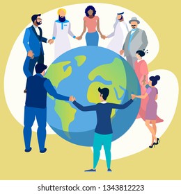 Friendship of the peoples of the entire planet. People dance in a circle around the Earth. In minimalist style Cartoon flat Vector Illustration