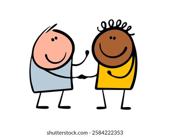 Friendship of peoples. Vector illustration of a light-skinned and dark-skinned man shaking hands. Good relations between people of different races. Isolated funny character on white background.