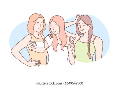 Friendship, photo, selfie, communication concept. Young happy women friends bloggers take selfie together, look and pose at camera. Girls pupils communicate on social media, show piece sign vector