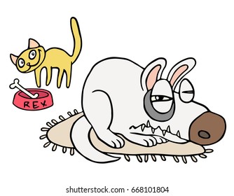 Friendship of playful cat and angry dog.. Cartoon picture fur animals. Kind emotions. Holidays couples. Together forever. Best friends. Vector illustration.
