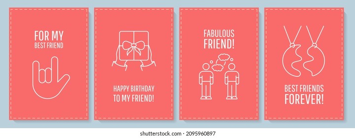 Friendship postcard with linear glyph icon set. Relation with friend. Greeting card with decorative vector design. Simple style poster with creative lineart illustration. Flyer with holiday wish