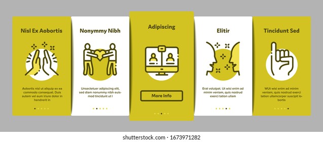 Friendship Relation Onboarding Mobile App Page Screen Vector. Handshake And Friendship Gesture, Love And Partnership, Internet Communication Color Contour Illustrations