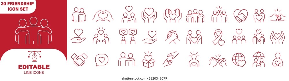 Friendship and relationship line icon vector set featuring human bonding, social connection, love, and friend activities concepts with editable stroke.