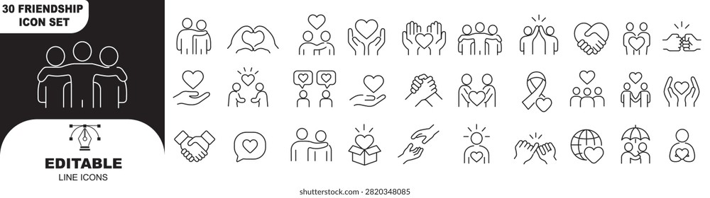 Friendship and relationship line icon vector set featuring human bonding, social connection, love, and friend activities concepts with editable stroke.