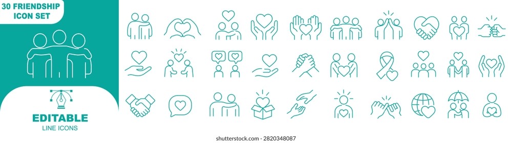 Friendship and relationship line icon vector set featuring human bonding, social connection, love, and friend activities concepts with editable stroke.