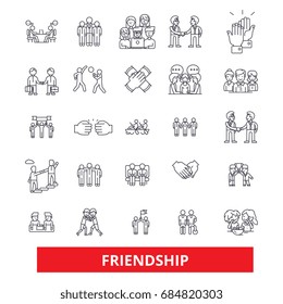 Friendship, relationship, partnership,unity,teamwork,cooperation, support, help line icons. Partnership outline signs set. Friendship icons with editable strokes. Unity logo, support pictogram