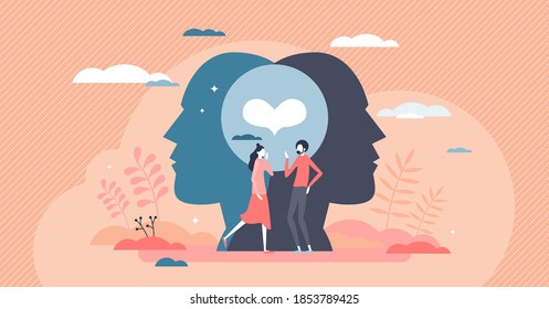 Friendship relationship status with friends solidarity and trust union tiny person concept. Couple partnership and love emotions as two mental linked and bonding social beings vector illustration.