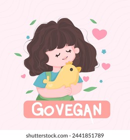 Friendship and Respect for Nature. Kind children hug small baby animals and shows their love to them. Nature respect concept and vegan lifestyle illustration vector file.