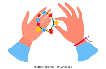 Pulseira retro da amizade com mãos isoladas no fundo branco. Pulseira de contas em mãos. Pulseira bonitinho de desenhos animados feita de contas coloridas. Joias de plástico para punho.