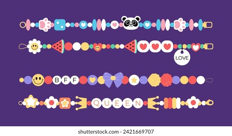 Friendship retro plastic beads bracelets. Collection of  watermelon pearls, stars, hearts, bow, crown, paw, flower, cartoon shell, letters. Vector