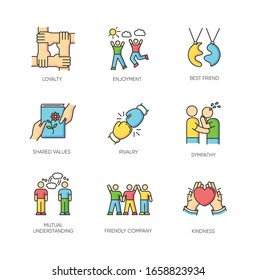 Friendship RGB color icons set. Emotional affection, strong interpersonal bond, social relationship symbols. Mutual sympathy, togetherness and support. Isolated vector illustrations