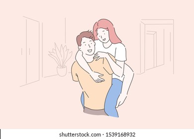 Friendship, romantic relationship concept. Happy boyfriend piggybacking his girlfriend, couple in love spending time together, smiling young man and woman having fun. Simple flat vector