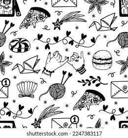 Friendship seamless vector pattern. Best friends, family, team. Symbols of good relations – crossed pinky, photo, pizza, hobby, support. Hand drawn doodles, outline. Background for cards, wallpaper
