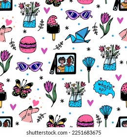 Friendship seamless vector pattern. Best friends, team, family. Good relationship symbols - photos of girlfriends, sweets, flowers, likes. Bright cartoon doodles. Background for cards, posters