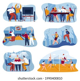 Friendship set, vector illustration, people man woman character happy together, play video and table games, bowling volleyball outdoor collection.