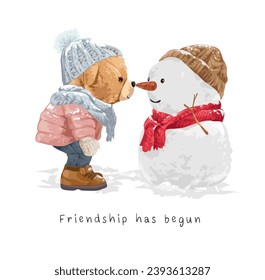 friendship slogan with cute bear doll and snowman vector illustration