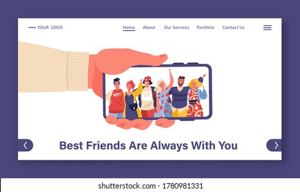 Friendship, social media and modern technology concept for landing page design. Hand holds phone with photo of happy hugging people. Support, teamwork, unification, community, human relationships. 