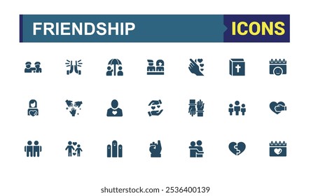 Colecciones de iconos sólidos de amistad. Con persona, conjunto, App, amor, respeto, dar y más. Paquete de iconos llenos planos. Colección de iconos rellenos de Vector.