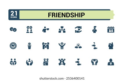 Friendship solid icon collections. Featuring person, set, app, love, respect, giving and more. Flat filled icons pack. Vector filled icons Collection.