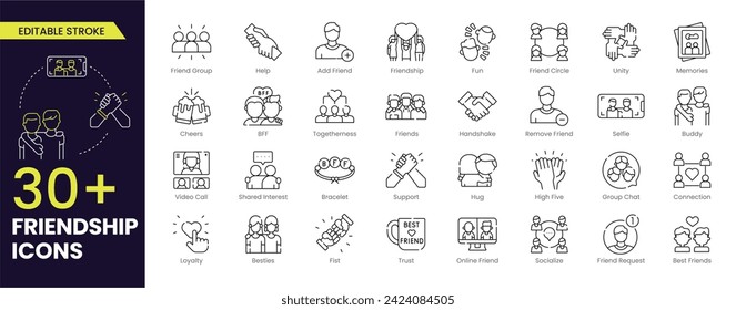 Juego de iconos de la barra de amistades. Conteniendo amigos, grupo de amigos, socializar, amigable, animar, confiar, apoyar y los iconos de los mejores amigos.Colección de iconos Esquema editable. Ilustración vectorial.