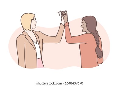 Friendship, success, business, congratulation concept. Illustration of international friendship. Businesswoman congratulates friend girl with high five. Business people finished successful project