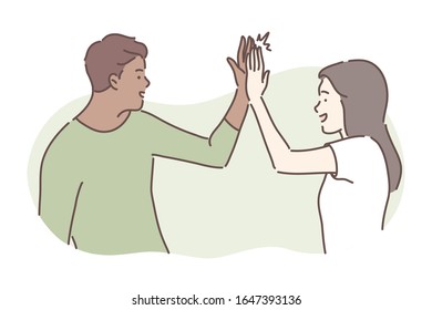 Friendship, success concept. Illustration of international friendship. Informal greeting and communication in cartoon style. Young woman or girl gives high five to man or boy friend. Simple vector