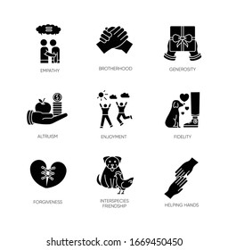 Friendship and support black glyph icons set on white space. Best friends connection. Interpersonal relationship, friendly interspecies bond silhouette symbols. Vector isolated illustration