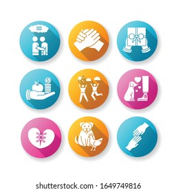 Friendship and support flat design long shadow glyph icons set. Best friends connection, emotional affection. Interpersonal relationship, friendly interspecies bond. Silhouette RGB color illustration