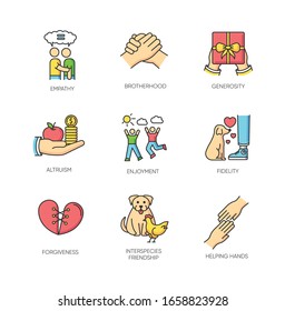 Friendship and support RGB color icons set. Best friends connection, emotional affection. Interpersonal relationship, friendly interspecies bond symbols. Isolated vector illustrations